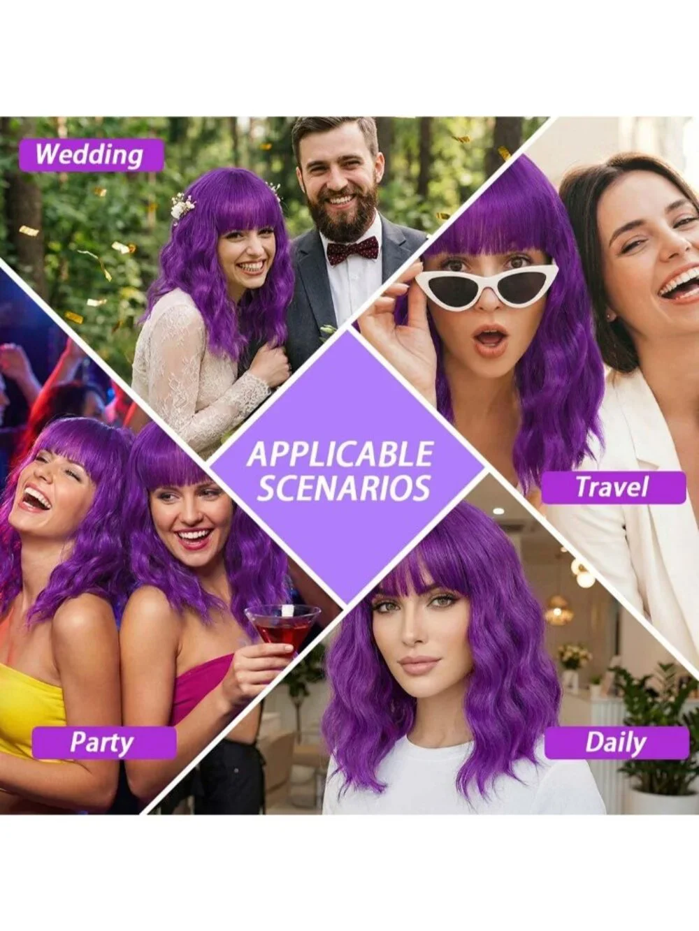 Women's Dark Purple 14 Inch Short Shoulder Length Synthetic Bangs Wavy Bob Wig